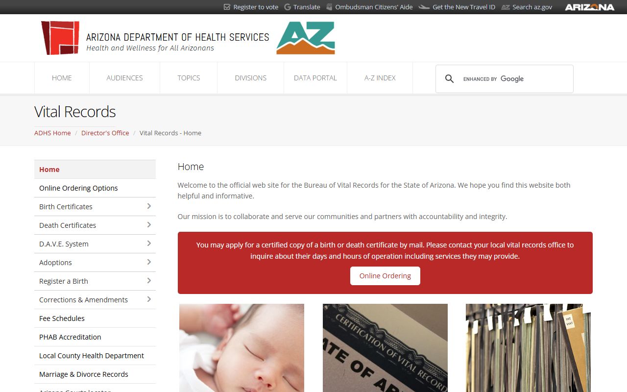 Arizona Department of Health Services vital records page showing marriage license information