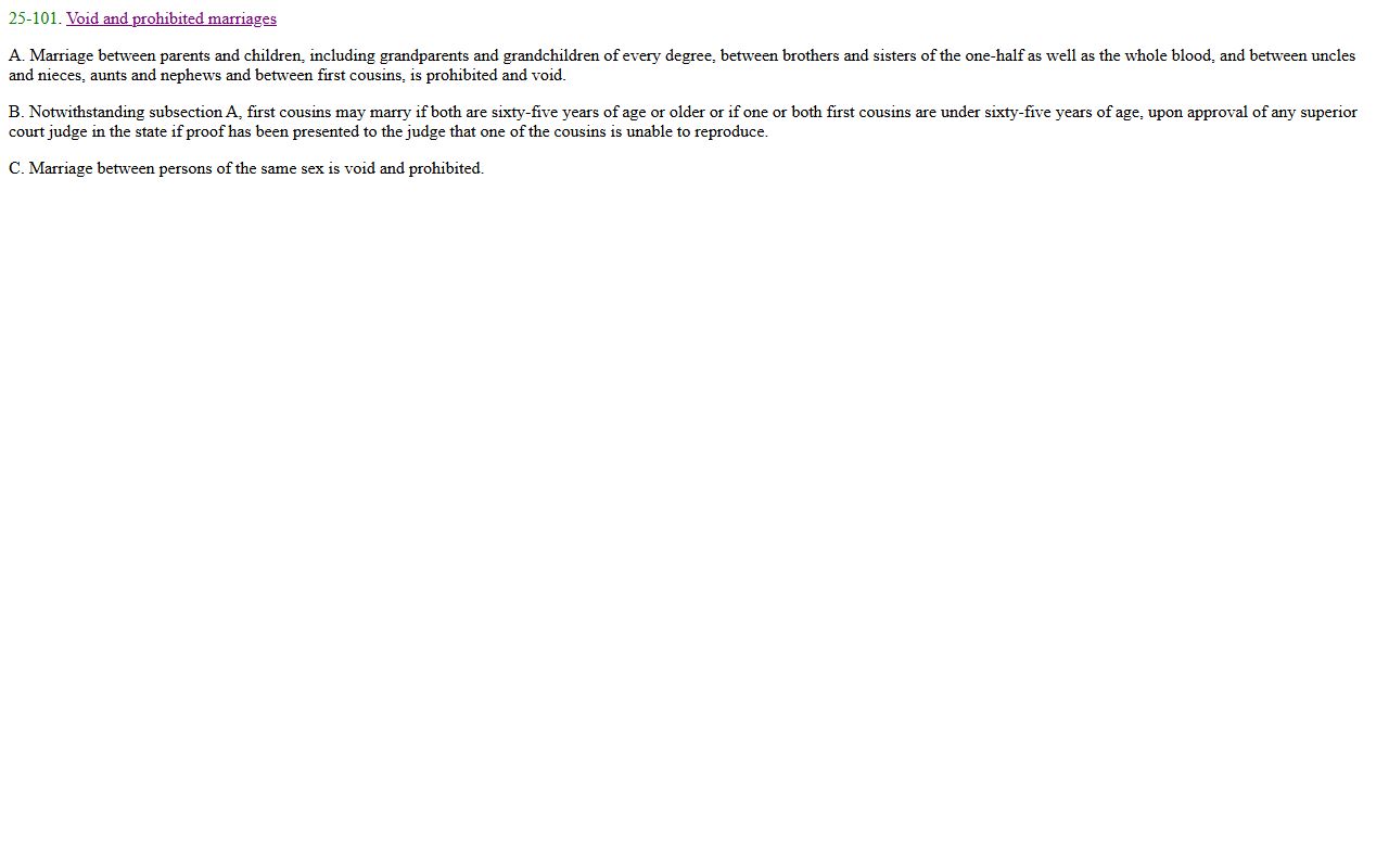 Arizona statute ARS 25-101 listing void and prohibited marriages