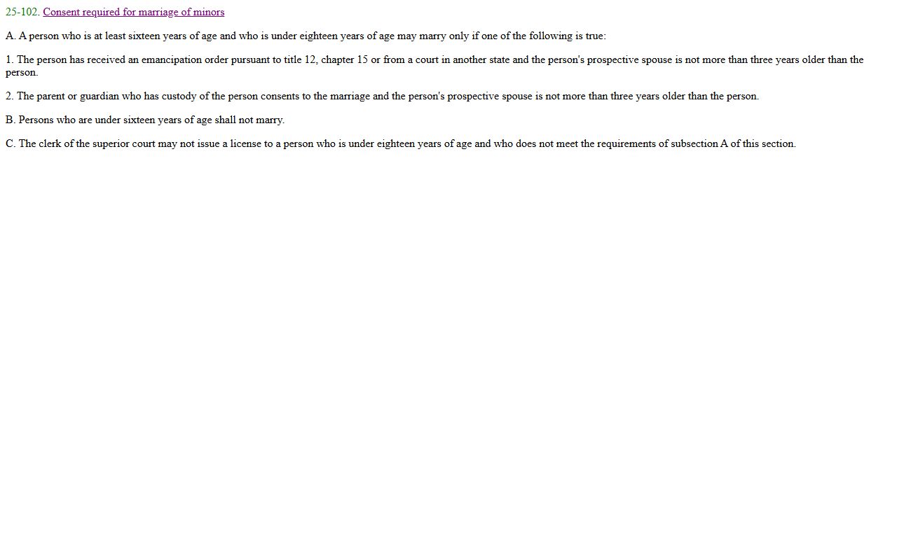 Arizona statute ARS 25-102 showing consent requirements for minors
