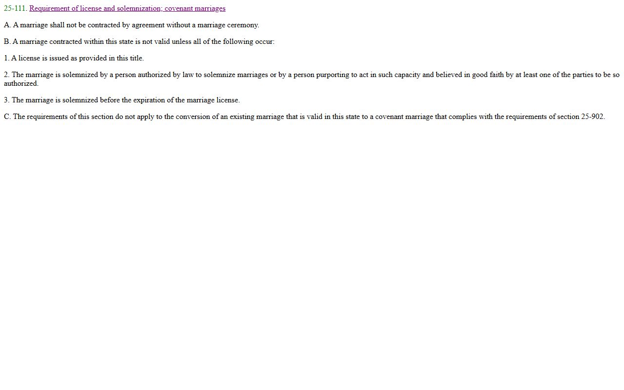 Arizona statute ARS 25-111 showing license and solemnization requirements