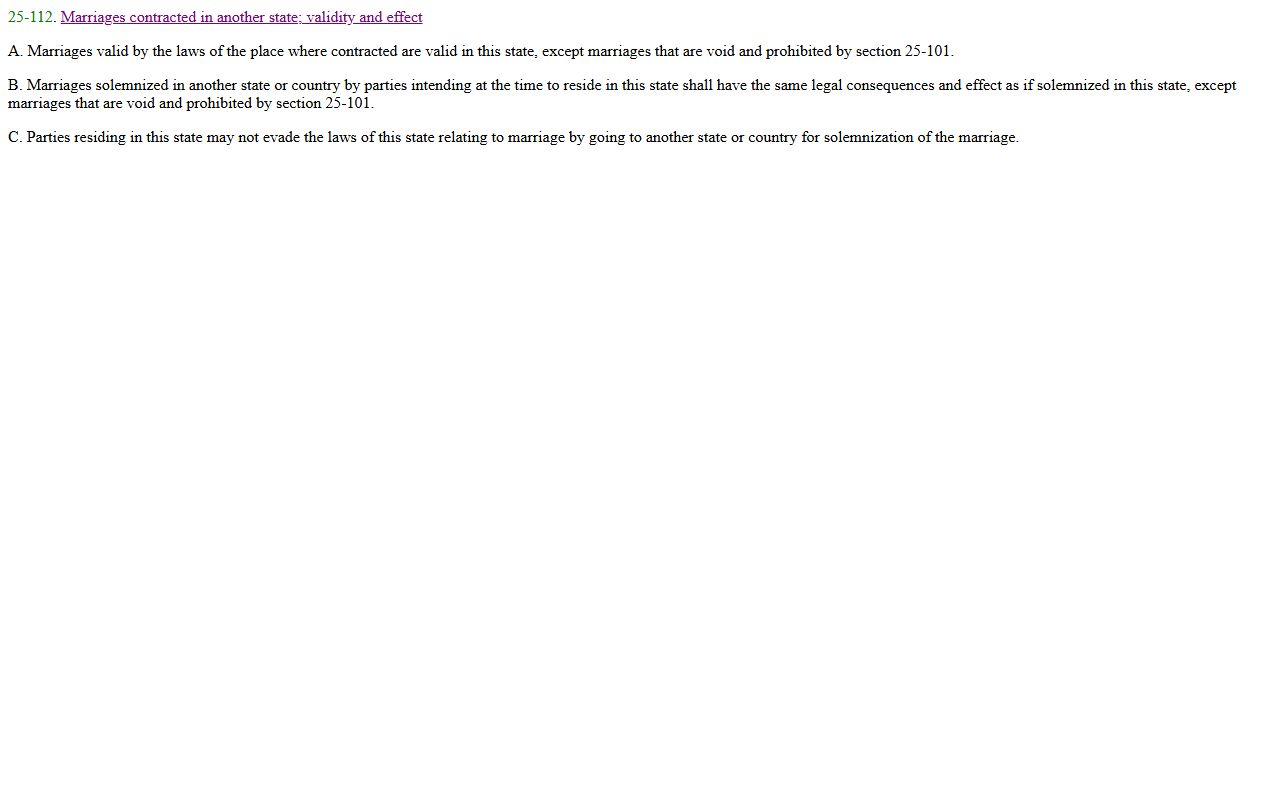 Arizona statute ARS 25-112 regarding validity of out-of-state marriages