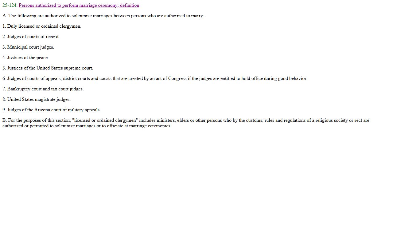 Arizona statute ARS 25-124 listing persons authorized to perform marriage ceremonies