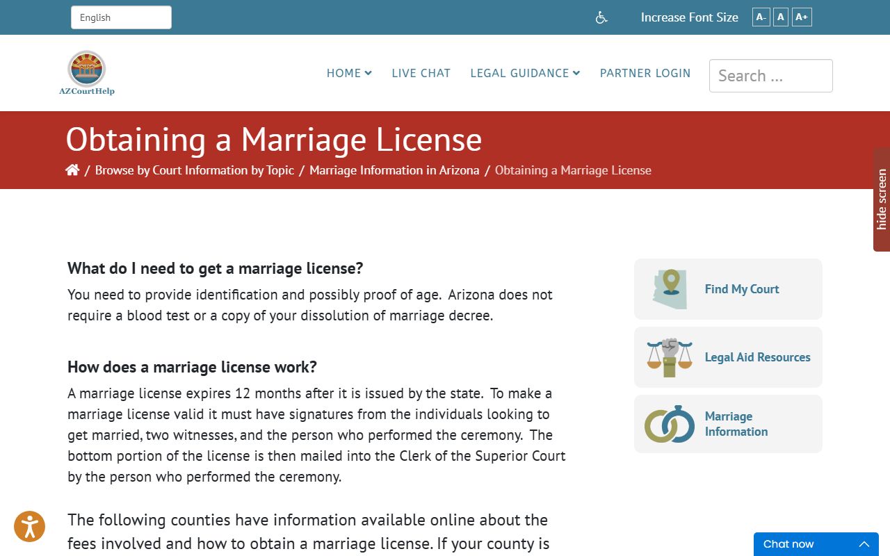 Arizona Court Help website showing marriage license information and resources